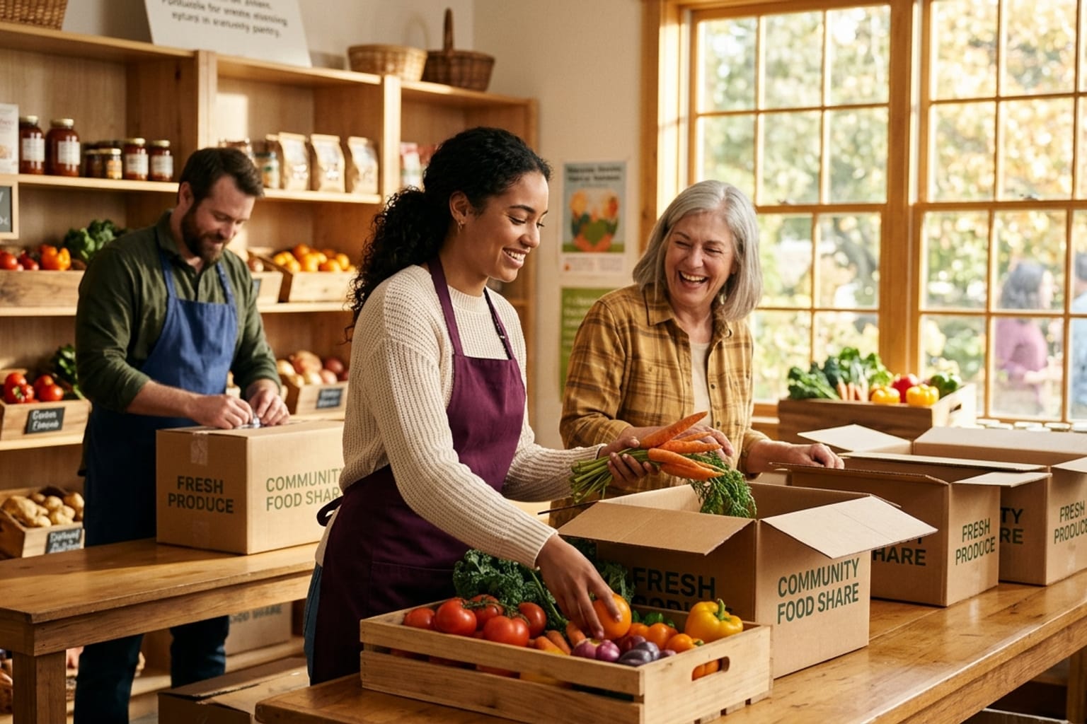 Volunteers sorting fresh produce into boxes at the Harvest Table community kitchen
