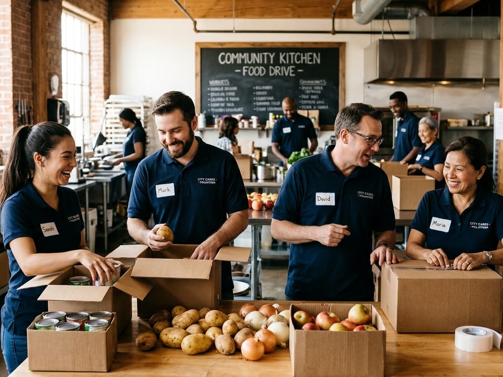 A corporate volunteer team packing food boxes together at a community kitchen