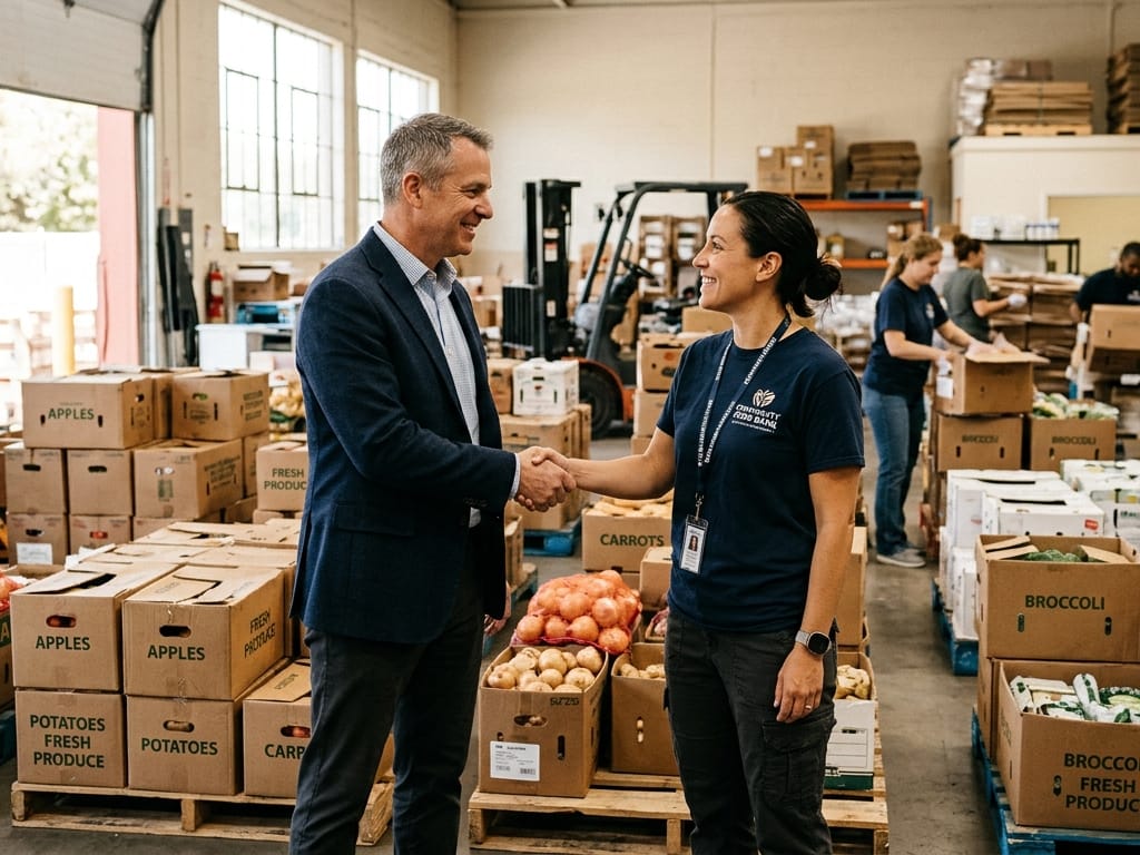 A business person shaking hands with a food bank coordinator in a warehouse
