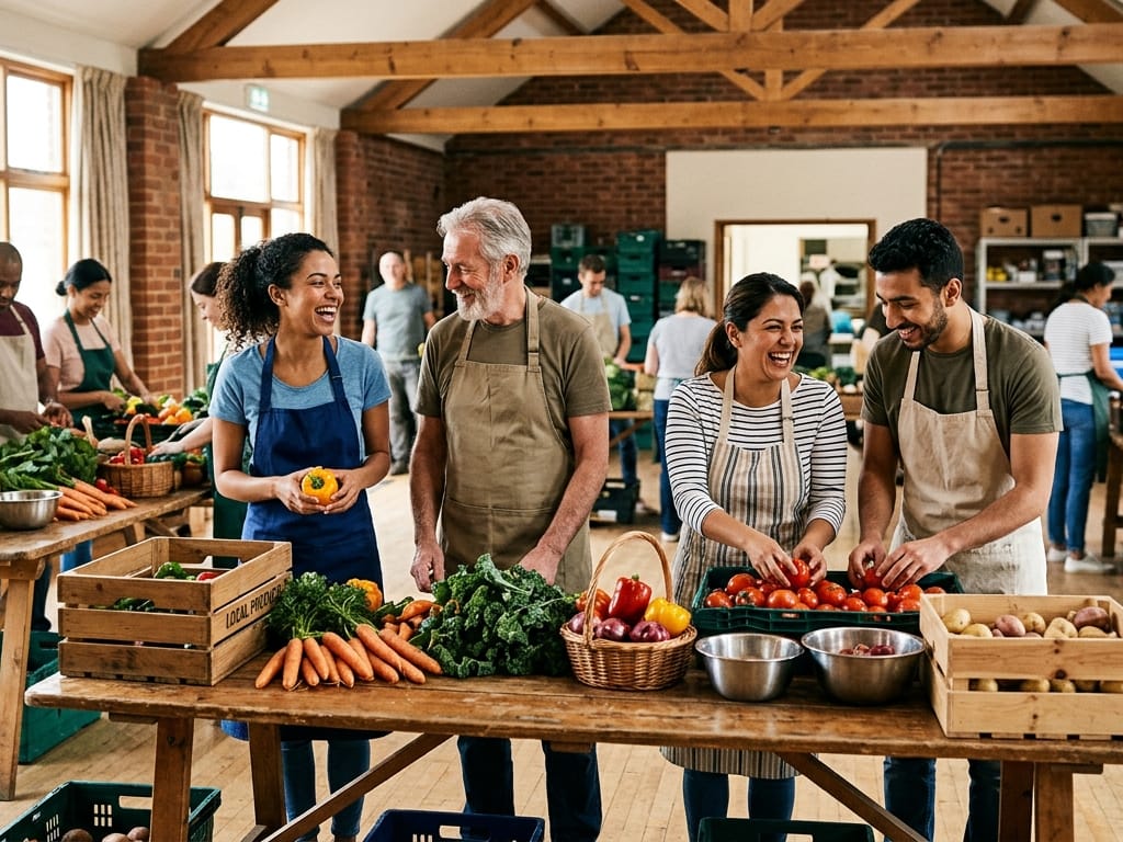 Volunteers in aprons sorting vegetables at long tables in a bright community hall