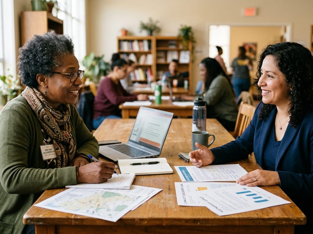 Two colleagues reviewing a partnership plan together at a table