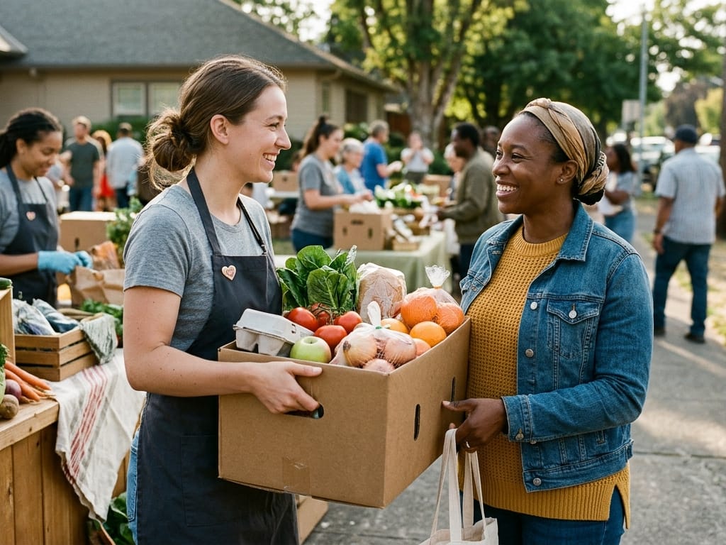 A volunteer handing a box of fresh groceries to a smiling parent at an outdoor pantry