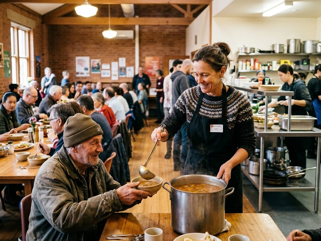 A volunteer serving hot meals to guests at a community kitchen