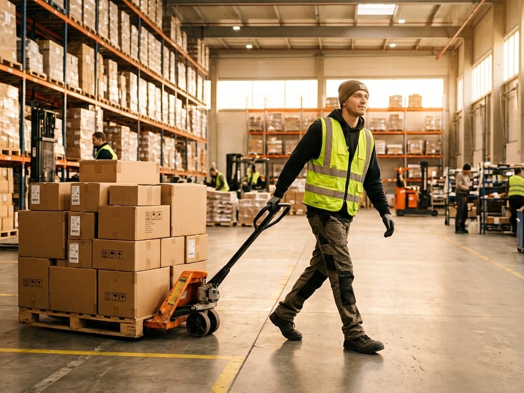 A warehouse worker operating a pallet jack beside stacked boxes in a distribution center