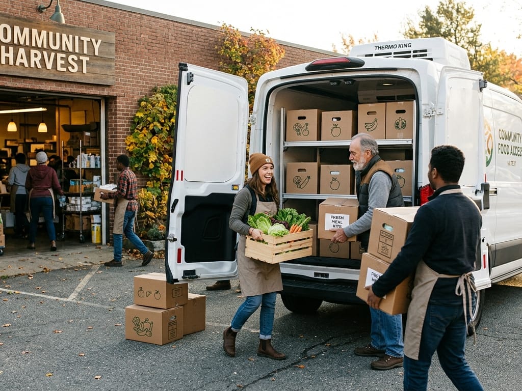 Volunteers loading boxes of fresh food into a refrigerated delivery van