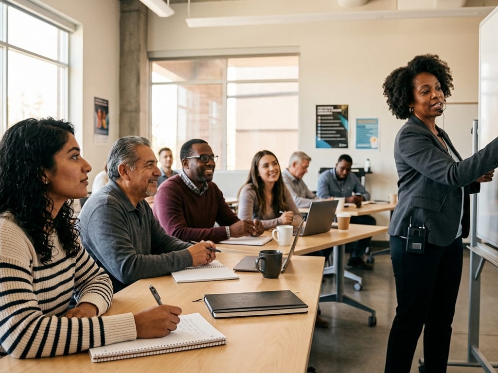 Adults taking notes during a job training session in a bright classroom