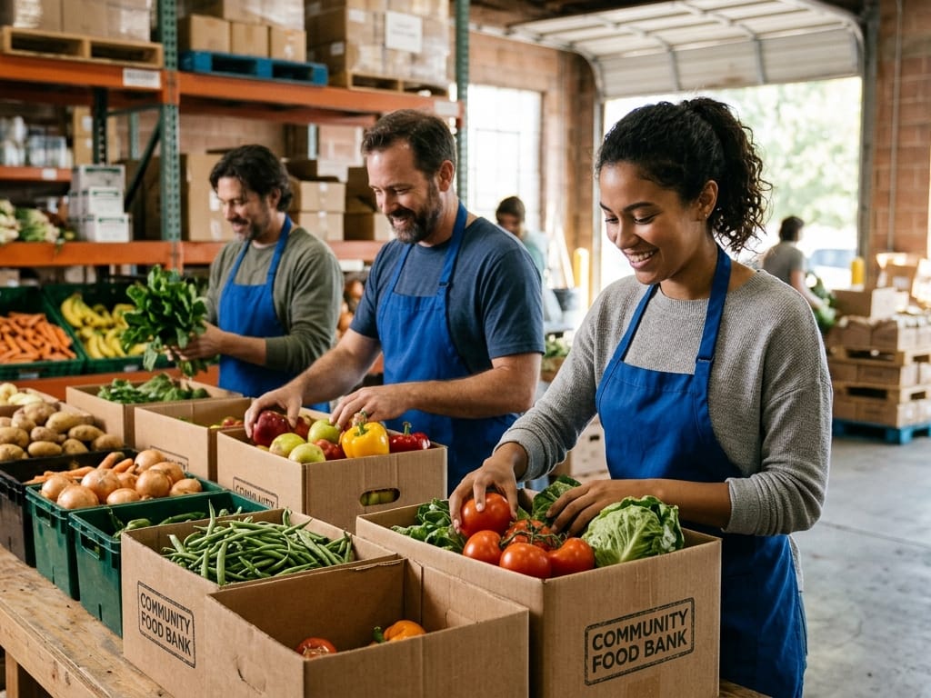Volunteers sorting fresh produce into boxes at a community food bank warehouse