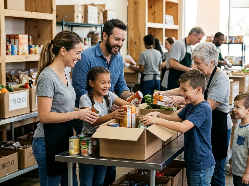 A corporate volunteer team packing food boxes together at a community kitchen